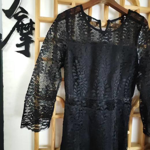 仅一件！ 【断码清仓】黑色蕾丝镂空连衣裙 七分袖收腰显瘦长款礼服裙 复古优雅名媛风长裙ZFYY016 商品图3