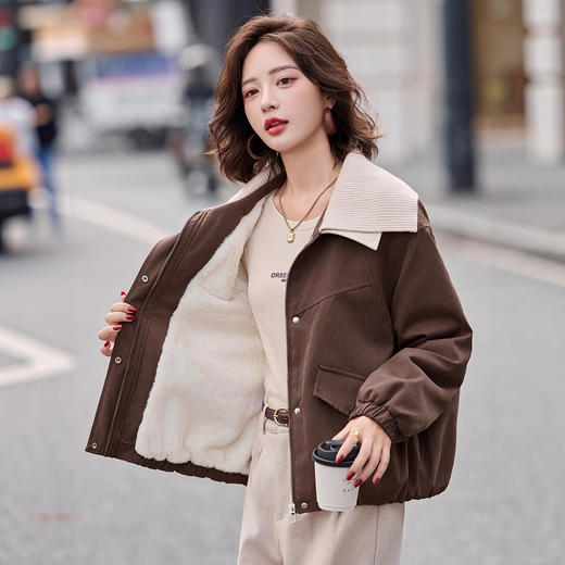 双层拼接翻领短款派克服外套，小个子加绒夹克上衣HR-8953 商品图1