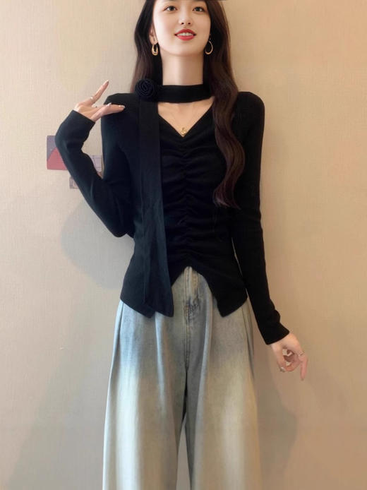 【敲百搭】辣妹性感立体花朵飘带挂脖红色V领针织T恤秋冬时尚打底衫上衣ins。rc 商品图1