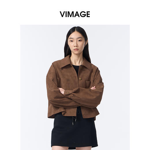 VIMAGE纬漫纪宽松复古巧克力色短款秋冬新款夹克外套V2403111 商品图3