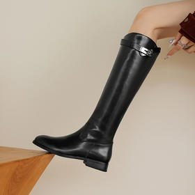 【预售7天】2.5cm~圆头复古牛皮骑士靴西部牛仔靴女冬低跟长筒堆堆靴HB&1589