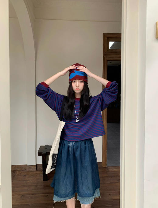 【10月15日 下午16:00 秒杀】秋季 口袋小猫 韩系chic撞色 宽松条纹长袖T恤 商品图8