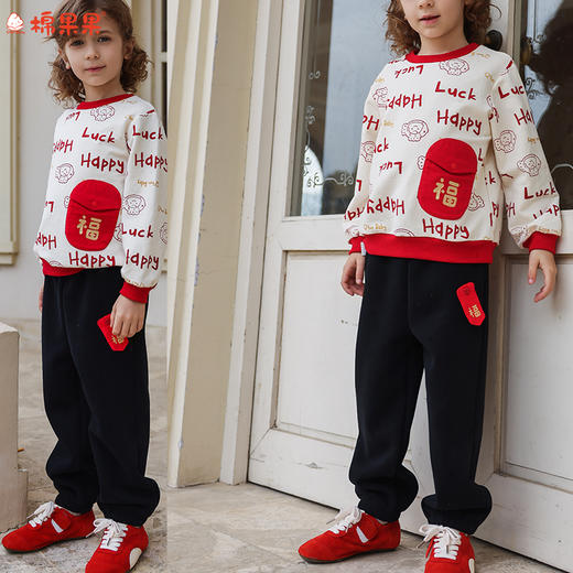 棉果果冬季新品新年款喜庆节日氛围奶油色男童女童大毛圈中国风卫衣M502180225765 商品图1