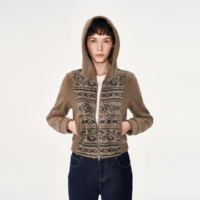 NUTH复古棕色摇粒绒花纹拼接短款卫衣外套女