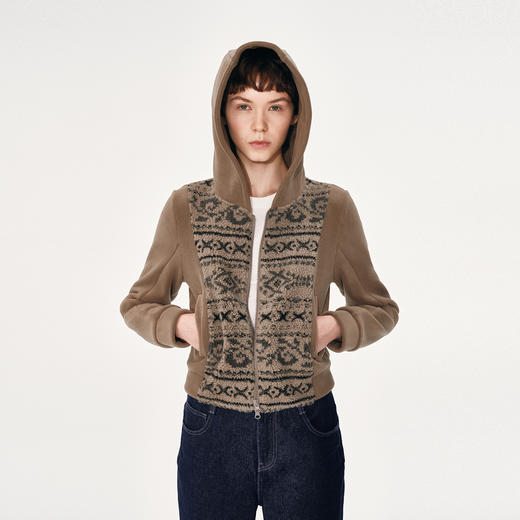 NUTH复古棕色摇粒绒花纹拼接短款卫衣外套女 商品图0