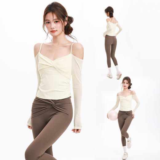 跃牌【禅语梵心】露肩网纱蝴蝶结瑜伽服长袖跑步速干运动文胸一体杯健身服上衣CX3425 商品图4