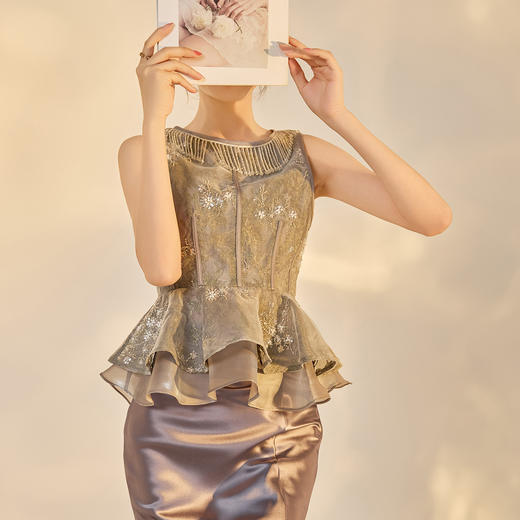 N6072夏季国风新中式女装贵气钉珠刺绣千金感提花马甲半裙套装 商品图2