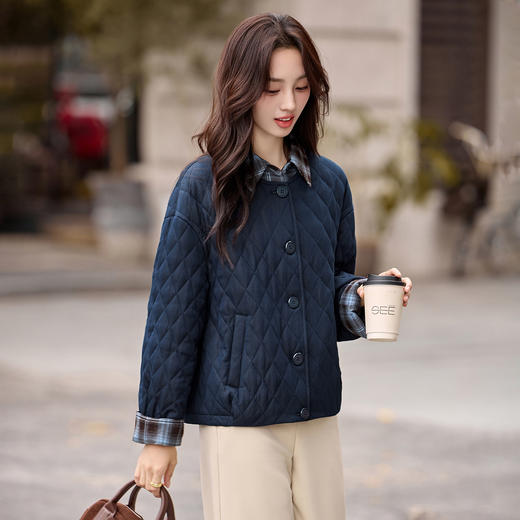 雀说格子领菱格轻薄棉服夹棉外套女短款新款小个子拼接棉衣AL25113 商品图2