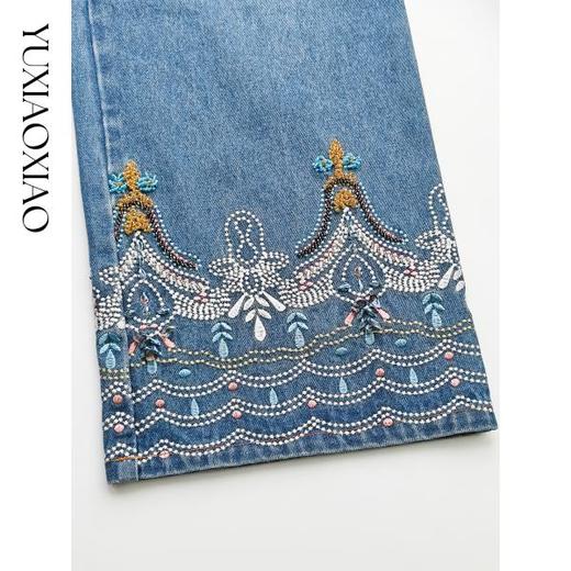 余潇潇【时光游记】时尚100棉拼手工钉珠重工刺绣直筒牛仔裤 商品图2