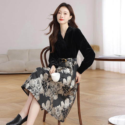 雀说丝绒提花连衣裙气质复古高级感收腰假两件裙AL8577 商品图2