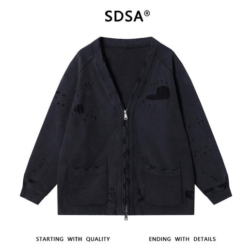 SDSA男士秋冬新款痞帅男装简约时尚磨破拉链V领卫衣外套百搭宽松 商品图0