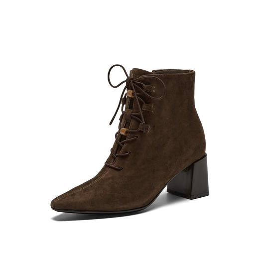 BF楼真美诗2025新冬款羊皮贵气老钱风尖头粗跟时装短靴女R1126DD5吊牌价1998折后价1598 商品图0