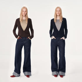 NUTH 假两件撞色修身正肩v领针织衫上衣女 棕色