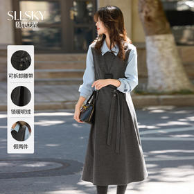 【10/15新品】熙世界「格雷腔调」假两件毛呢连衣裙女秋冬新款衬衫翻领收腰裙子