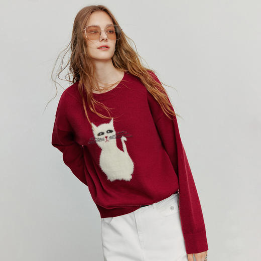 初语针织衫女秋季新款插画师联名猫猫提花宽松圆领毛织上衣 商品图2