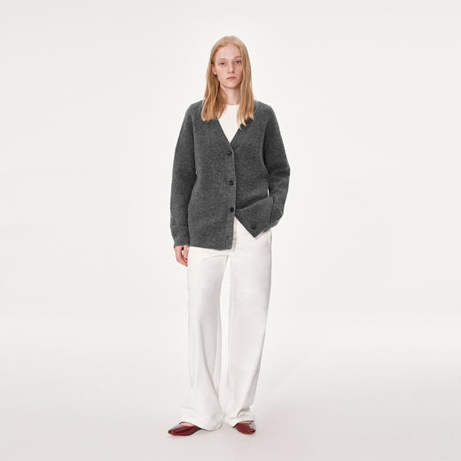 NUTH 羊毛混纺V领宽松保暖中长款毛衣针织开衫女 浅灰色/深灰色 商品图5