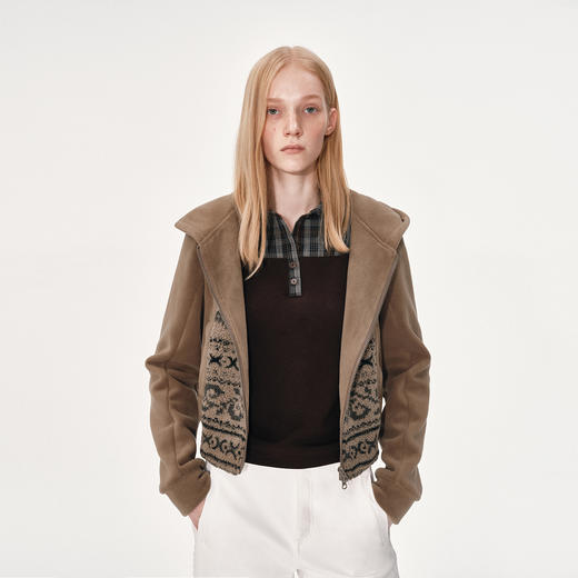 NUTH复古棕色摇粒绒花纹拼接短款卫衣外套女 商品图4