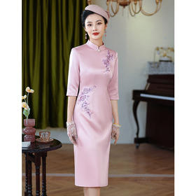 粉黛修身旗袍长款刺绣立领七分袖中国风传统中式礼服妈妈新中式