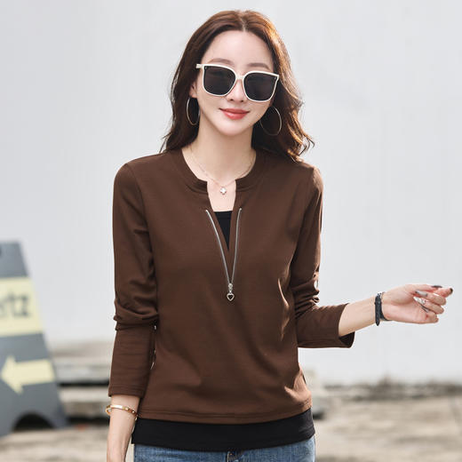 雀说新款假两件长袖t恤女韩版纯色气质拉链上衣AL9894 商品图2