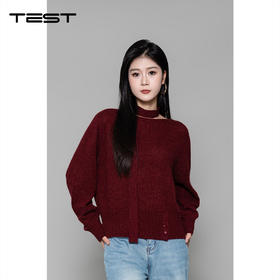 冬上新宽松慵懒版型酒红色挂脖露肩毛衣1254038