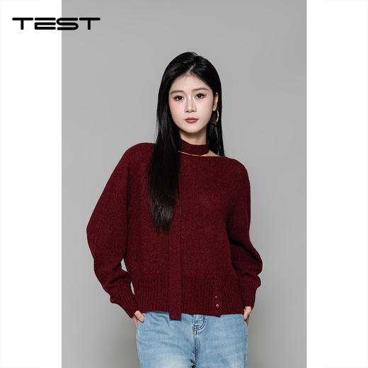 冬上新宽松慵懒版型酒红色挂脖露肩毛衣1254038 商品图0