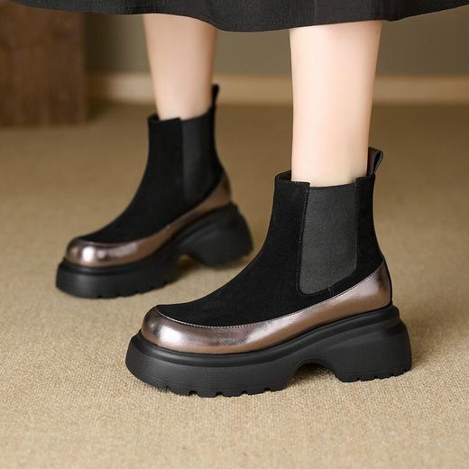 【预售5天】复古风拼接厚底短靴女秋冬新款圆头小个子粗跟切尔西烟筒靴女KLS&S1182 商品图4