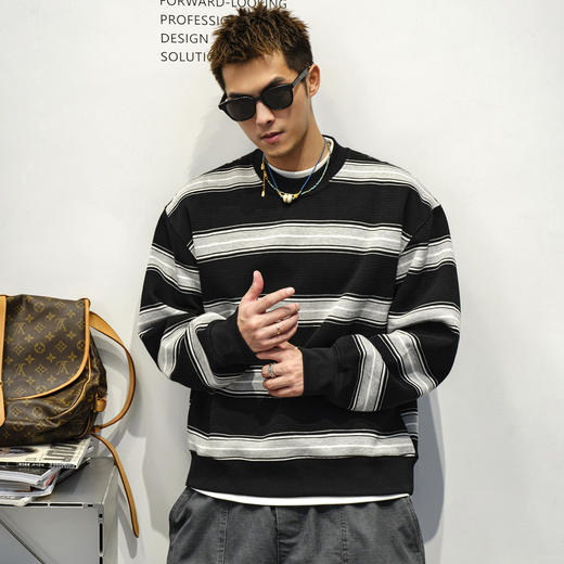 徐太浪【撞色条纹 美式休闲】圆领卫衣男秋季男装内搭打底海魂衫 商品图1