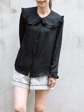 TYNVIE 黑色荷叶边领长袖丝质衬衫