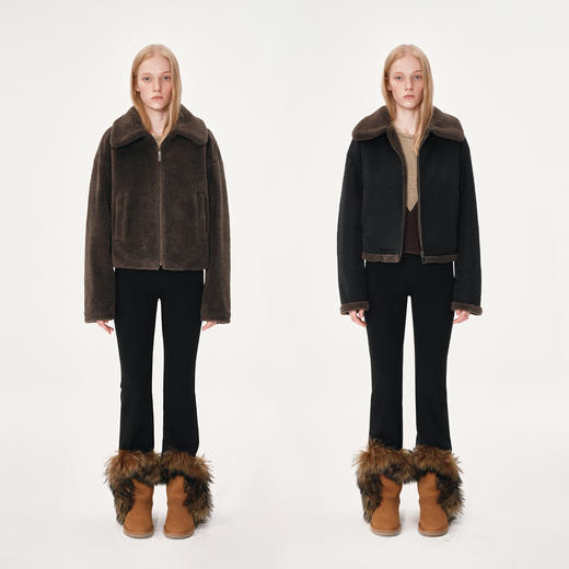 NUTH正反双面穿摇粒绒宽松保暖短款厚外套女 黑拼棕色（发货时间同步天猫） 商品图0