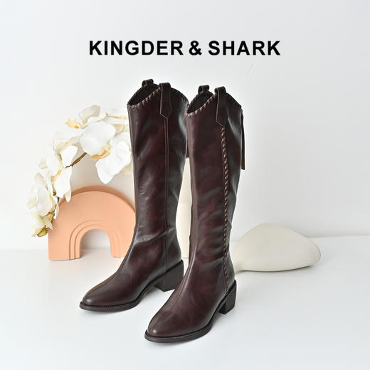 经典鲨2025冬专柜新品气质尖头中粗跟后拉链骑士靴长筒靴女KW89-558191 商品图0