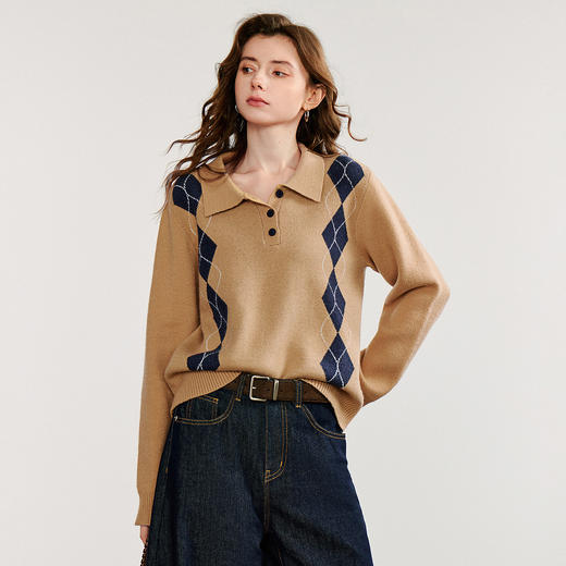 初语 秋冬季复古学院风毛衣女 菱格轻运动减龄百搭针织上衣 商品图1