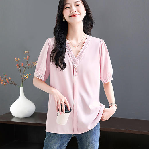 女士短袖雪纺衫夏季新款遮肚大码洋气上衣设计感小众V领气质小衫 商品图0