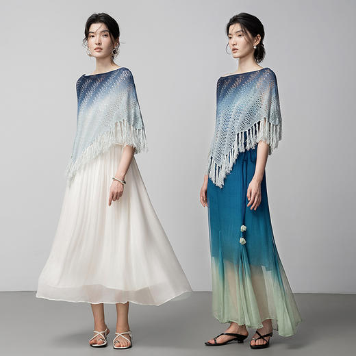 【林栖设计小店】亚麻流苏披肩青绿渐变度假风镂空针织2026早春新款外搭女F2952508B 商品图5