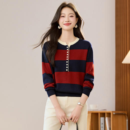 雀说复古条纹风圆领针织衫撞色纽扣毛衣内搭打底衫AL1501 商品图3