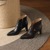 【预售5天】气质粗跟V口短靴女新款法式复古尖头裸靴单靴真皮深口高跟鞋LD&7496 商品缩略图3