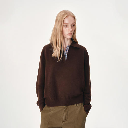 NUTH 100%纯羊毛格纹拼接宽松长袖polo领针织衫女 商品图4