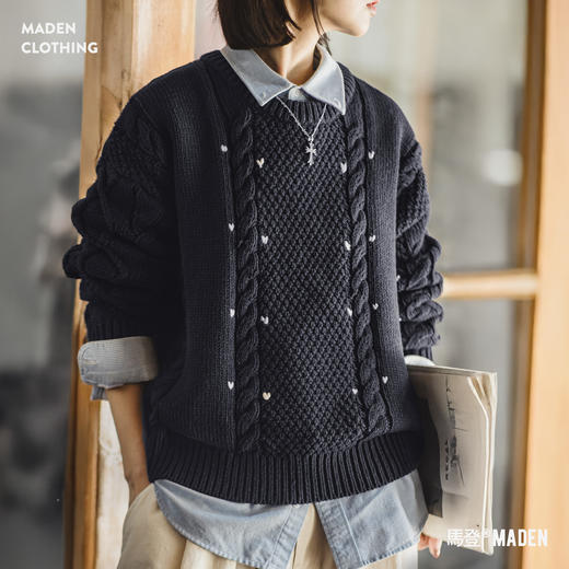 马登蓝色圆领宽松加厚保暖套头外穿粗麻花毛线针织上毛衣女士秋冬 商品图0