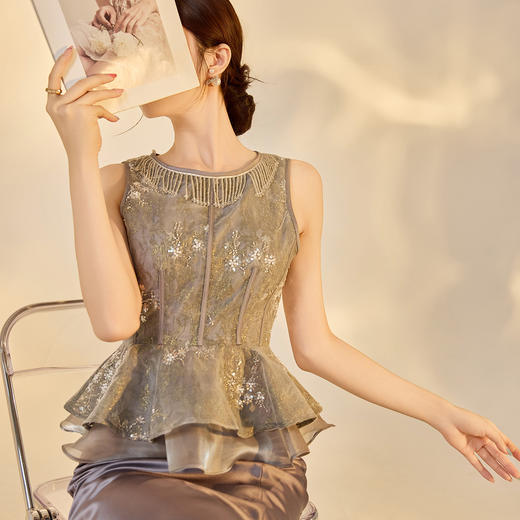 N6072夏季国风新中式女装贵气钉珠刺绣千金感提花马甲半裙套装 商品图1