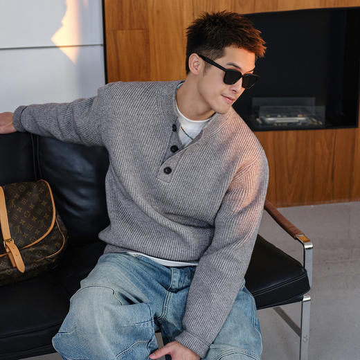徐太浪【750g混纺 亨利领】灰色毛衣男秋冬大码男装休闲针织上衣 商品图0