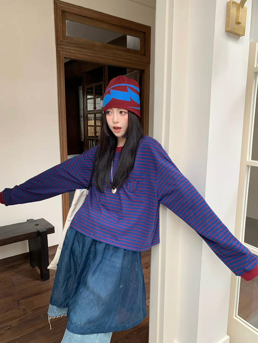 【10月15日 下午16:00 秒杀】秋季 口袋小猫 韩系chic撞色 宽松条纹长袖T恤 商品图5