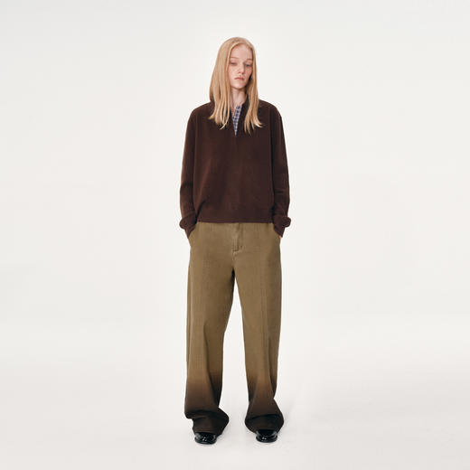 NUTH 100%纯羊毛格纹拼接宽松长袖polo领针织衫女 商品图1