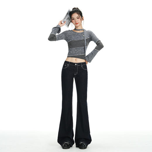 罗蒙女士春秋牛仔裤深色复古低腰微喇百搭显瘦宽松拖地喇叭小个子裤子 商品图2