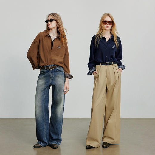 初语 春秋款巴恩风衬衫女 拼接格纹翻袖磨毛衬衣外套上衣 商品图4