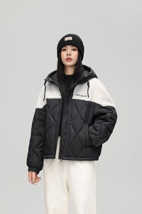 2025新款仿羊羔绒拼接潮流时尚短款连帽羽绒服6125