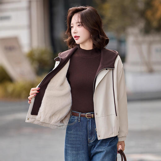 拼接假两件连帽加绒短外套，小个子休闲宽松夹克上衣HR-8951 商品图3