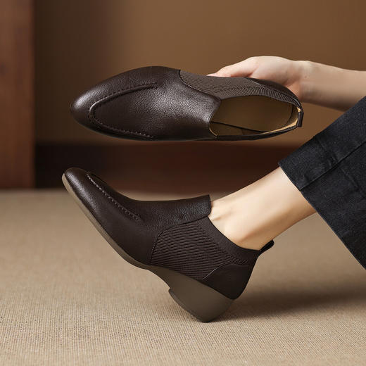【预售5天】小羊皮坡跟针织深口单鞋，粗跟女士皮鞋中跟拼接裸靴YF&A8877 商品图3