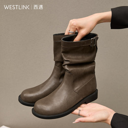 西遇复古中筒骑士靴女新款秋季英伦风圆头褶皱堆堆靴黑色短靴D0047434 商品图1