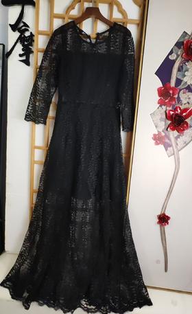 仅一件！ 【断码清仓】黑色蕾丝镂空连衣裙 七分袖收腰显瘦长款礼服裙 复古优雅名媛风长裙ZFYY016