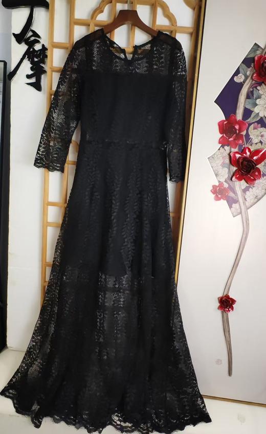 仅一件！ 【断码清仓】黑色蕾丝镂空连衣裙 七分袖收腰显瘦长款礼服裙 复古优雅名媛风长裙ZFYY016 商品图0