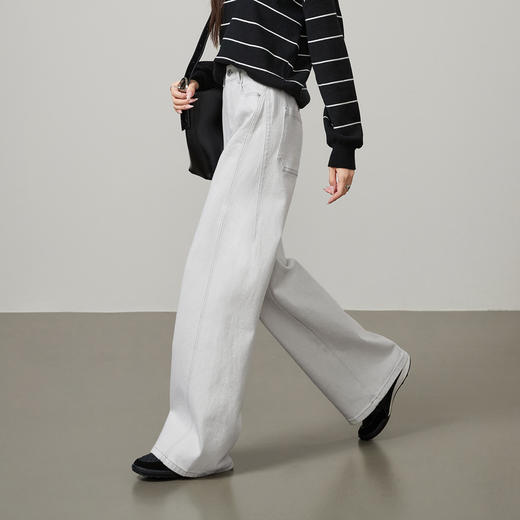 【秋爆款-灰白阔腿裤】逸阳新品松弛感牛仔拖地阔腿牛仔长裤5880V 商品图6